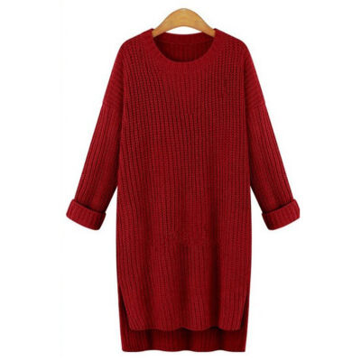 

Women Winter Long Thick Sweaters Irregular O-Neck Long Sleeve Solid Knitted Tops Female Pullovers Split Sweaters