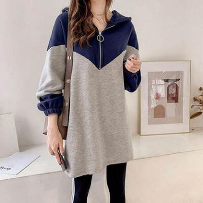 

New Casual Fashion Patchwork Color Hoodies Sweatshirt Women Long Sleeve Zip Pullover Mid Long Tops Outwear Coat