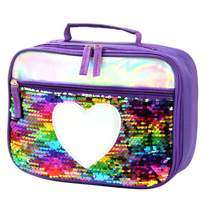 

Kids Shining Sequin Insulated Lunch Box Bag With Smooth Zipper Front Pocket Cute