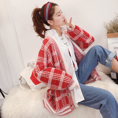 

2018 spring&winter Korea version new loose fashion plaid sweater knitted cardigan long sleeve large size coat