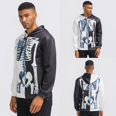 

Toponeto Mens Skull Printed Long Sleeve Hoodies Top Sweatshirt Round Neck Blouse