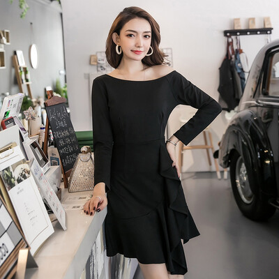 

JOY OF JOY Jingdong womens 2019 spring new oblique collar strapless deep V open back hem fishtail skirt chic port wind slim bag hip dress JWQZ191553 black