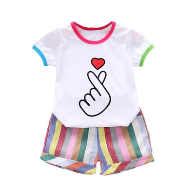 

Children Baby Girls Casual Chinese Character Pattern Short Sleeve Tops T-shirtStripe Shorts Suits Costume Set