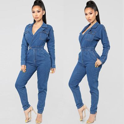 

Tailored Sexy Womens Denim Jeans Long Pants Overalls V Neck Slim Jumpsuit Romper Trousers