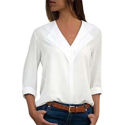 

Blouses Women Long Sleeve Solid Color Shirts Fashion Girl V-neck Chiffon Shirt Office Ladies Plain Roll Sleeve Female Blouse Top