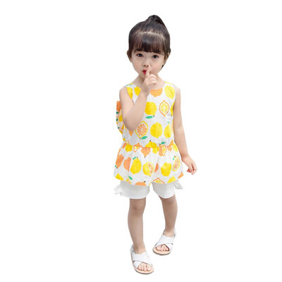 

Summer Casual Baby Girl Clothes Set Sleeveless Tops Lemon Print T-shirtShorts Suits Toddler Kids Girl Clothing Set
