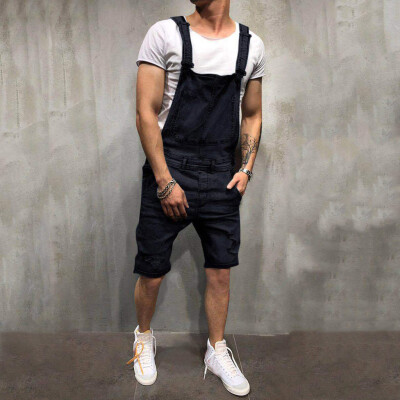 

Gobestart Mens Overall Casual Jumpsuit Jeans Wash Broken Pocket Trousers Suspender Pants