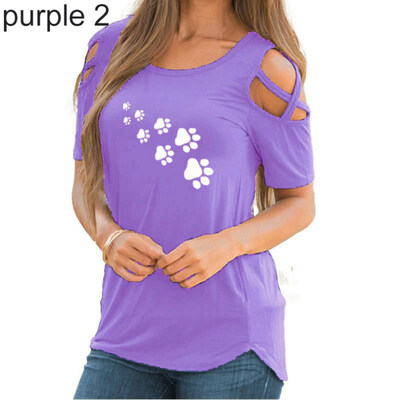 

Summer Casual Paw Print Cross Off Shoulder Short Sleeve O-Neck Women T-Shirt Top