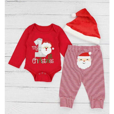 

US 3Pcs My 1st Christmas Baby Boys Girls Newborn RomperPants Hat Outfit Clothes