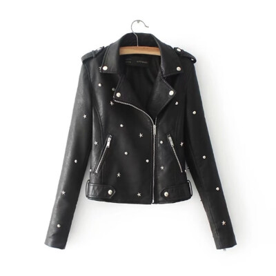 

Toponeto Womens Casual Solid Color Lapel Zipper Long Sleeve Rivet Leather Jacket Coat