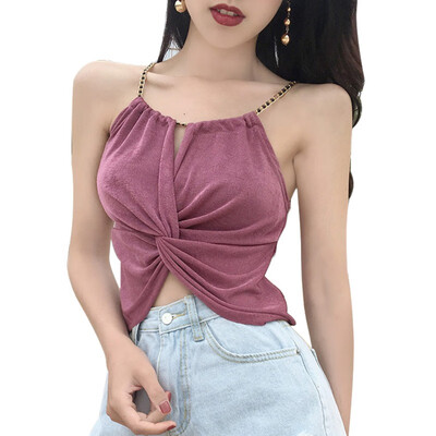 

Womens Metal Chain Halter Sleeveless Tank Top Solid Knot Strapless Womens Summer Tank Top