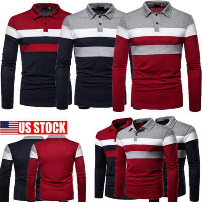 

Mens Casual Shirts Long Sleeve Warm Cotton Striped Polo T Shirt  -2XL US