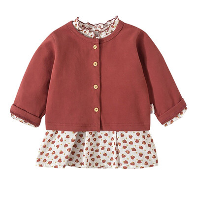 

Spring Casual Baby Girls Heart Print Long Sleeve Princess Dress Cotton Knitted Coat Kids Toddler Casual Outfits Set