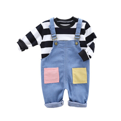 

Autumn Baby Boy Girl Outfits Long Sleeve Striped SweatshirtDenim Strap Trousers Casual Sets