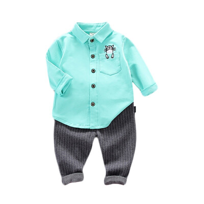 

Autumn Baby Boys Casual Long Sleeve Cartoon Cat Print Shirt Blouse TopsStripe Pants Trouser Set