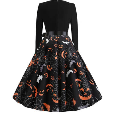 

Halloween Print Long Sleeve Crew Neck Dress vestidos de verano High Waist Floral Skull Printed Skirt Vintage Dress