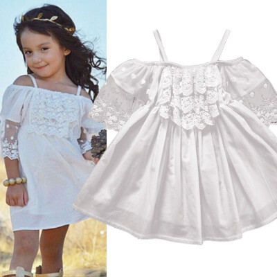 

Toddler Kids Girls Summer Dress Off-shoulder Ruffles Lace Dresses Solid White Baby Girl Clothes Princess Costume 2-7Y