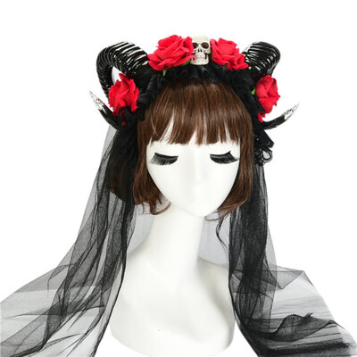 

Halloween Decoration Horn Headband Personality Headband Handmade Red Rose Cute Hair Accessories Light Weight