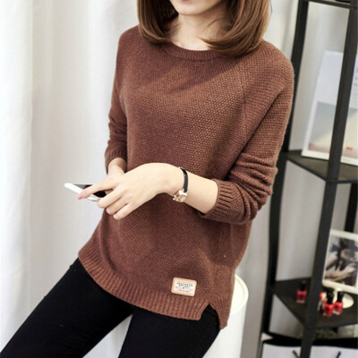 

Sweater Women Simple Casual Long-sleeved Round Neck Sweater Loose Style Solid Color Knit Bottoming Top