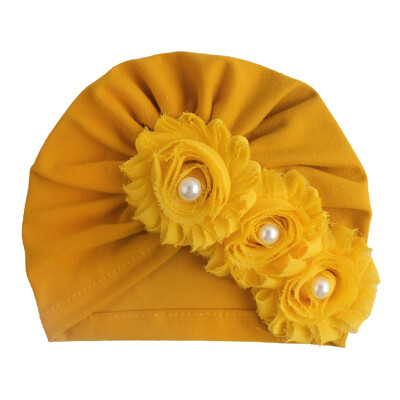 

2019 Hot Sale Summer New Cute Baby Girl Hat Comfortable Breathable Solid Color With Flower Pearl Candy Color Turban Elastic Cap