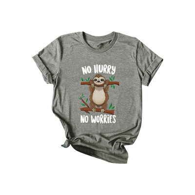 

No Hurry Worries Cute Cartoon Sloth Print Plus Size Women Summer T-Shirt Top