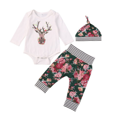 

3PCS Autumn Newborn Print Baby Rompers Printed Hat Pants Long Sleeve Cartoon Christmas Baby Clothes Set Baby Girl Clothes Set