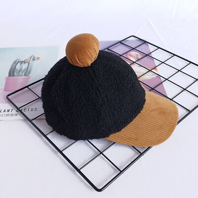 

AutumnWinter Childrens Hat Korean Boy Lamb Velvet Baseball Cap Girls Color Ball Warm Hat Tidal Baby Cap
