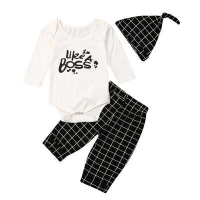 

Autumn Baby Boy Long Sleeve Letters Print Romper Tops Plaid Trousers Hat Outfits Clothes