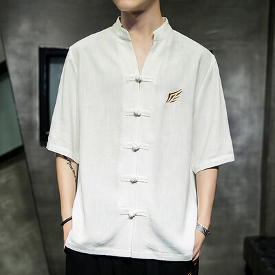 

Toponeto Mens Summer Vintage Embroidery Linen Patchwork O-Neck Short Sleeve T-shirt Tops
