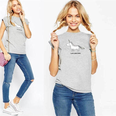 

Women&39s Fashion Loose Casual Short Unicorn Print T-shirt Tops New Blouse