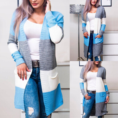 

Tailored Fashion Women Patchwork Knitted Long Sleeve Pockets Cardigans Sweater Top