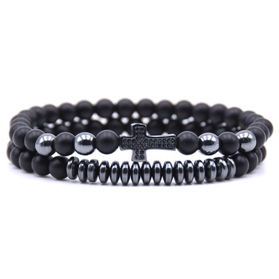 

2pcs set Couple Bracelets Micro Zircon Cross Bracelet Set for Men Women Black Lava Natural Stone Beads Bracelet