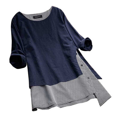 

Female Fake Two Pieces Blusa Women Spring Plaid Patchwork Blouse O Neck Long Sleeve Shirt Casual Plus Size 3XL Cotton Femme Tops