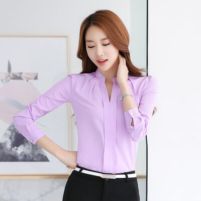 

Autumn Women Tops Long Sleeve Casual Chiffon Blouse Female V-Neck Work Wear Solid Color White Office Shirts For Women