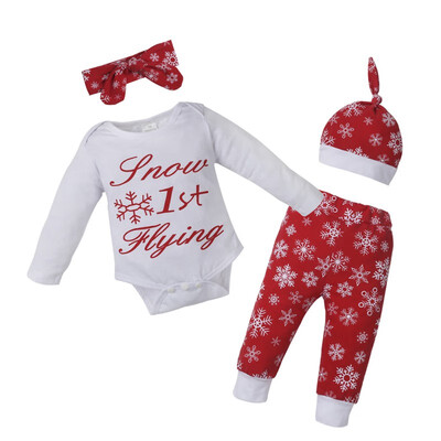 

Baby Clothes Set New Autumn Christmas Children Snowflake Print 4 Piece Set Long Sleeve RomperPantsHeadbandHat Set