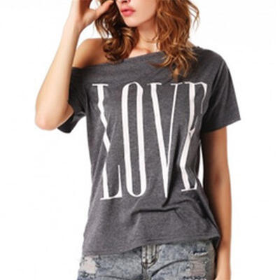 

Fashion Korean Design Women Loose Off Cotton Shoulder Tops Letter Shirt Short Sleeve Crew Neck -XL Ladies Casual Hot