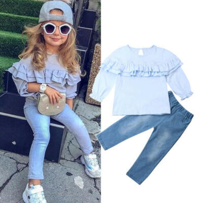 

Toddler Kids Baby Girl Winter Clothes Ruffle Tops Denim Pants 2Pcs Outfits Set