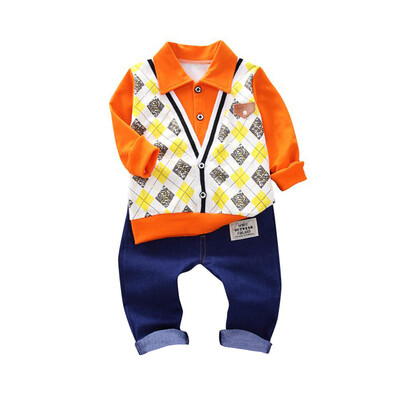 

Spring Baby Boy Clothes Cotton Fake 2 Pieces Design Long Sleeve Floral Shirt Tops Denim Pants Trousers Outfits Set