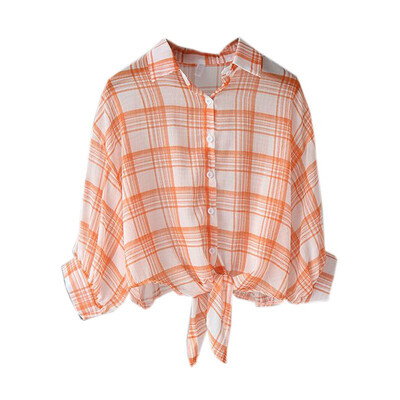 

6 New Women Blouse Plaid Printe Knotted Short Shirt Fashion Casual Lapel Long Sleeve Sunscreen Shirt Tops