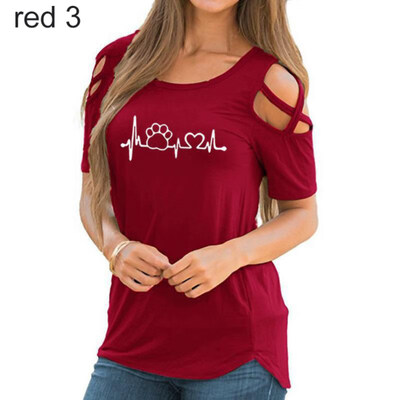 

Summer Casual Paw Print Cross Off Shoulder Short Sleeve O-Neck Women T-Shirt Top