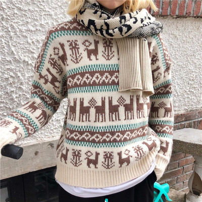 

Tailored Women O-Neck Long Sleeve Merry Christmas Elk Print Knit Sweater Pullover Top