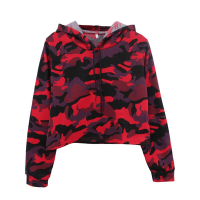 

Women Camouflage Drawstring Hooded Long-sleeved Sweatshirts Autumn Winter Fashion Exposed Navel Plus Velvet Short Hoodies