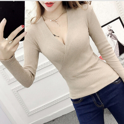 

Hot 2018 Winter Autumn Spring Slim Long Sleeve Knitted Sweater Sexy V-Neck Women Sweaters 9 Color Fashion Pullover Pull Femme
