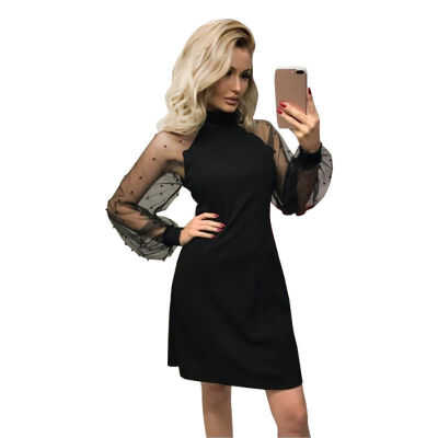

Womens Pencil Bodycon Dress With Jacquard Contrast Mesh Lantern Sleeve Spring Women Long Sleeve Solid Dresses