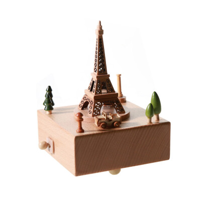 

Gobestart Handmade Building Shape Beech Wooden Clockwork Music Box Craft Decoration