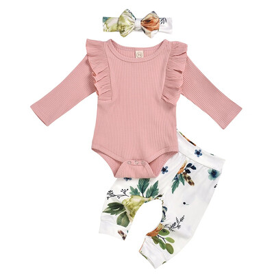 

3pcs Infant Newborn Baby Girl Clothes long sleeve ruffle Romper floral Long Pants headband Outfits clothes set for 0-24m
