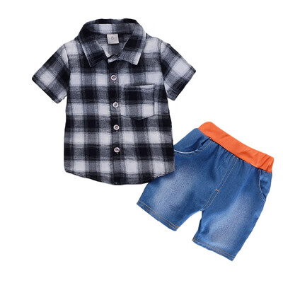 

summer Baby Boys Clothes Plaid Short Sleeve Shirt Denim Shorts Two-Piece Set