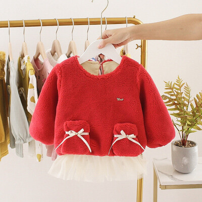 

Girls Winter Autumn Lace Round Collar Princess Casual Solid Color Plus Velvet Sweet Long Sleeve Dress