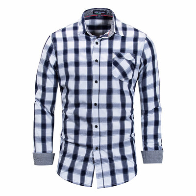 

New Casual Dress Shirt Men Long Sleeve Fashion Plaid Denim Shirt 100 Pure Cotton Brand Clothes