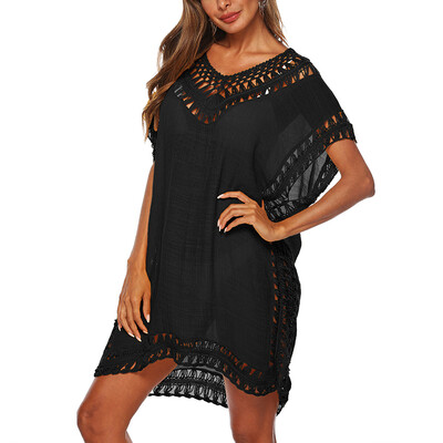 

Women Summer Dress Fashion Tassels Short Sleeve Loose Lace Dress Women Sexy Perspective Knitted Sundress Beachwear Cover Up